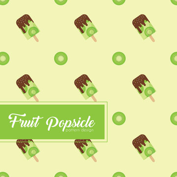 Kiwifruit Popsicle Pattern Design For Print, Wallpaper, Wrapping Paper, Packaging Or Fabric. Healthy Fruit Popsicle With Chocolate Cream, Jimmies Sprinkles Topping On Green Background.