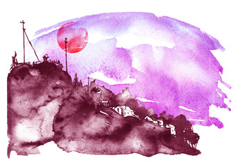 Silhouettes the village. Watercolor logo, postcard. Watercolor pink background, blot, blob, splash. Watercolor pink sky, spot, abstraction. Splash of paint.