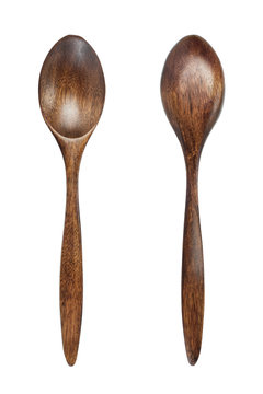 Front And Back Of Empty Brown Wood Spoon Isolate On White Background