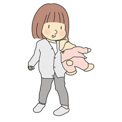 Vector illustration of little kid girl holding and hugging bunny doll. Early childhood development, child playing, happy children day concept. Cartoon character drawing.