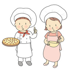 Vector illustration of kid professions, pizza chef & cook. What I want to be when grow up. Children occupations costume. Childhood development, education & learning concept. Cartoon character drawing.