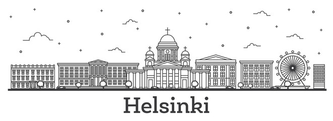 Outline Helsinki Finland City Skyline with Historic Buildings Isolated on White.
