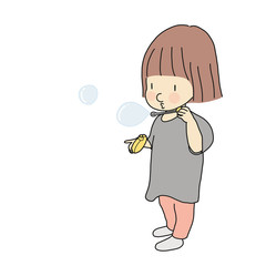 Vector illustration of happy kid holding the blower and blowing soap bubble. Child playing activity, early childhood development, happy children day concept. Cartoon character drawing.