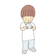 Vector illustration of little kid playing smartphone or tablet. Media addiction problem, digital generation, technology concept. Cartoon character drawing.