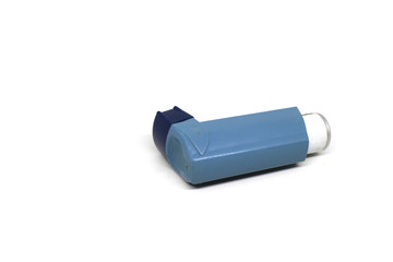 Blue asthma inhaler with blank label isolated on white background.