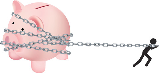 omino nero trascina con la catena salvadanaio a forma di maialino