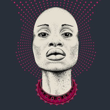 African woman with African in beads, tribal background. Beautiful black woman.  Vector illustration
