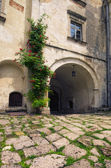 Fototapeta na wymiar View of gate in ancient Olesko castle. Courtyard in castle. Lviv region in Ukraine. Cloudy summer day