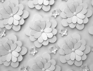 Abstract background of paper flowers. Monochrome 3D pattern.