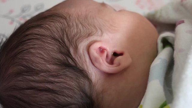 Adorable Newborn Baby Swaddled In Her Crib In Bed