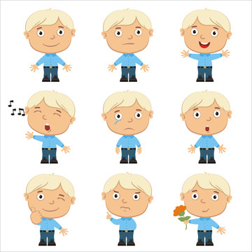 Collection of emoticons of funny boy with blond hair in different poses isolated on white background.