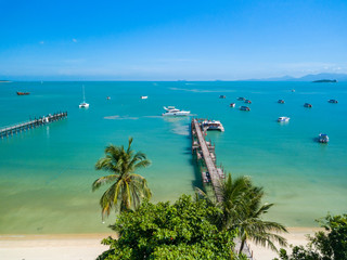 Aerial picture of Bangrak bay and pier looking at the sea, koh samui, Thailand