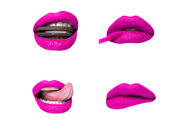 Set or group of lips with pink lipstick on white background close-up