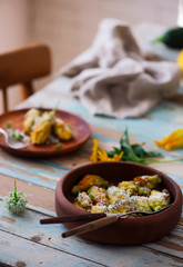 stuffed pumpkin flowers with potato.selective focus