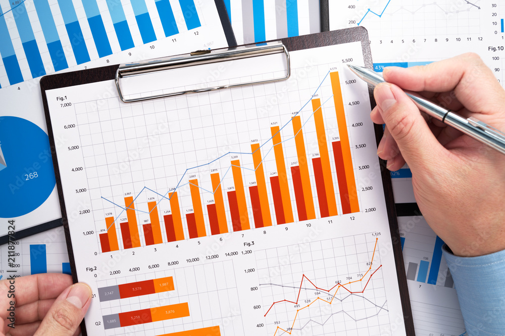 Poster Analyzing business data. Businessman gathering statistical data. Growth charts and graphs. Pile of reports.
