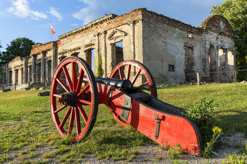 Ruins of 18th century classical palace, manor complex, situated on the Nida River near Jedrzejow, Sobkow, Poland