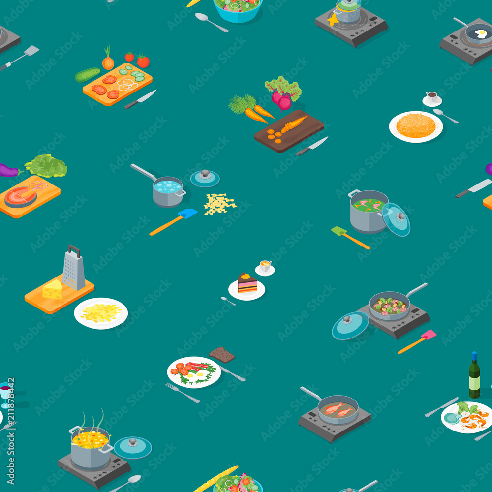 Canvas Prints Cooking or Preparation Food Seamless Pattern Background Isometric View. Vector