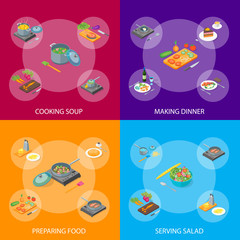Cooking or Preparation Food Banner Set Isometric View. Vector