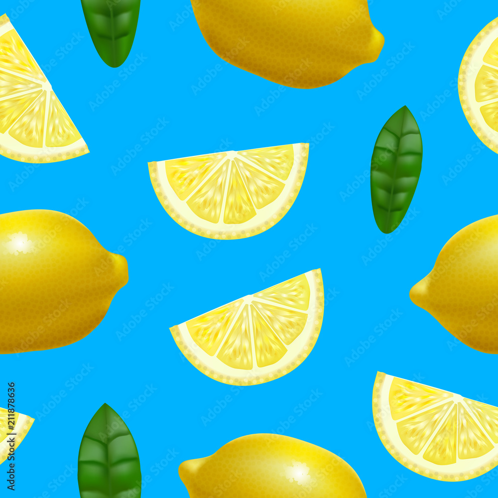 Poster realistic detailed 3d whole lemon and slices seamless pattern background. vector
