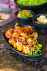 Cheese ball and shrimp tempura on dish in restaurant,japanese food style