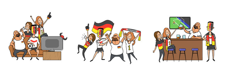 Germany National football team supporters cheering at home, in the bar together. Set of football fans with national attributes. Colored flat vector illustration. Isolated on white background.