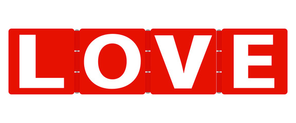 The inscription love is white on red hinges. The inscription love in the form of red loops.