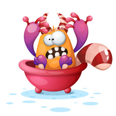 Cute, funny monster in the bathroom. Cartoon illustration. Vector eps 10