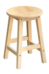 Round wooden chair without a backrest, isolated on white background. (Light from right to left. Shadows appear on the left side of the object.)