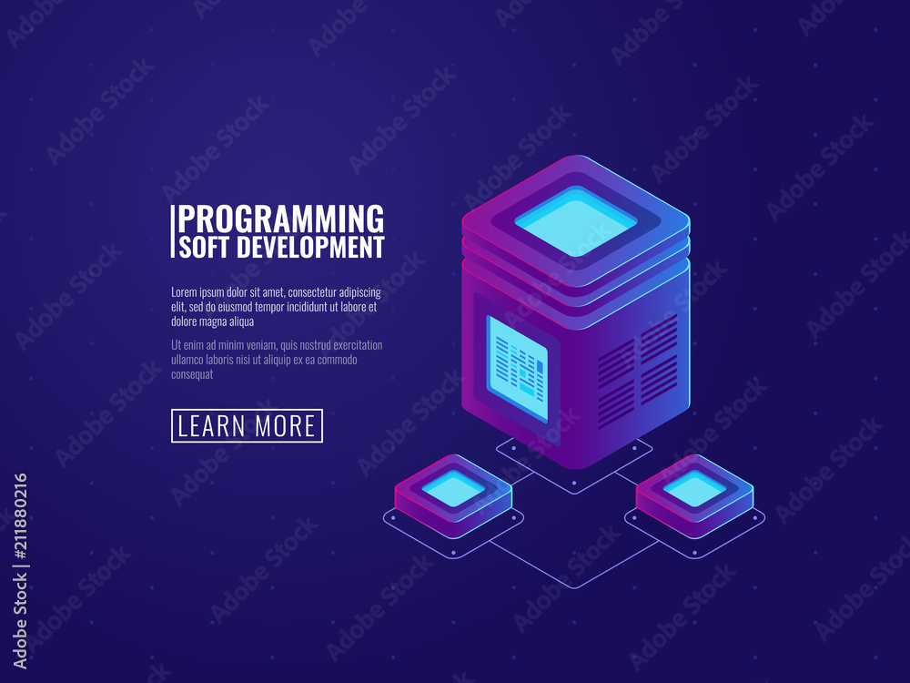 Poster server room icon, processing of big data, futuristic datacenter, networking and network connection, 
