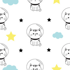 Cat spaceman head, hands. Cloud, star shape. Cute cartoon kawaii character. Baby pet collection. Seamless Pattern Wrapping paper, textile template. White background. Flat design.
