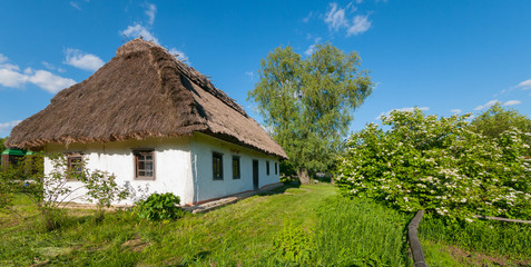 Fototapeta na wymiar House under a thatched roof with white walls in the countryside against a blue sky.