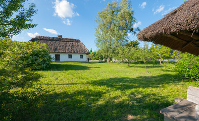 Fototapeta na wymiar An old house with thatched roof on a green lawn in the park