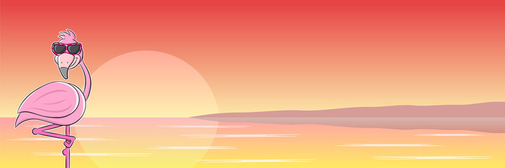 Naklejka premium Kreskówka flaming z okularami przeciwsłonecznymi przed zachodem słońca