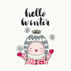 A cute laughing character in funny hat and snowflakes, hello winter handwritten lettering. Cartoon hand drawn illustration, vector art.