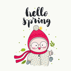 Hello spring - handwritten lettering, a smiling child in cute beanie and scarf, and green leaves. Vector illustration. Isolated elements. Cartoon art.