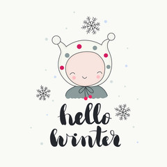 Fototapeta na wymiar A cute smiling character in funny beanie, snowflakes, hello winter handwritten lettering. Cartoon hand drawn illustration, isolated vector art.