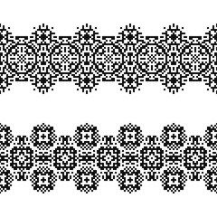 Set of 2 seamless borders in american indian style. Embroidery dotted schemes. Pixel navajo backgrounds. Textile geo prints. Beading chevron design. Tattoo belt.