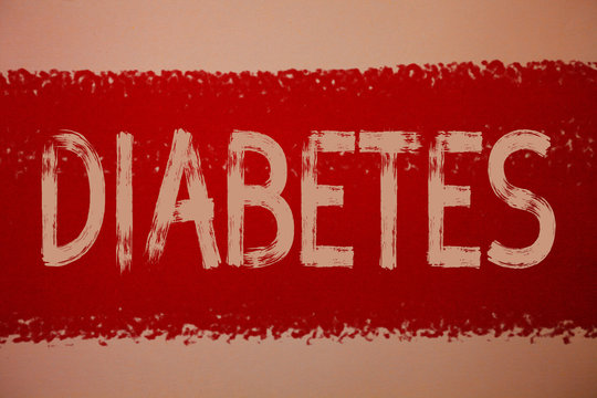 Text sign showing Diabetes. Conceptual photo Chronic disease associated to high levels of sugar glucose in blood Ideas messages red paint painting light brown background messy intentions.