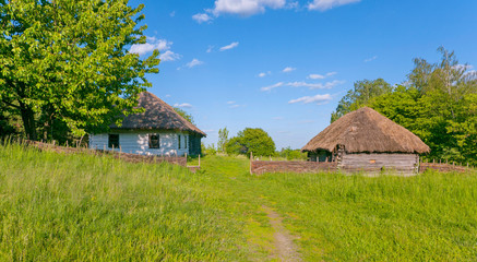Fototapeta na wymiar authentic wooden house covered with reeds in the yard under the blue sky