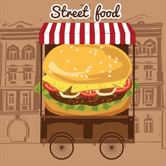 Delicious juicy burger with ingredients a set of salad, tomatoes, cheese, onions, cutlets, sauce, in a street cart vector, illustration, isolated