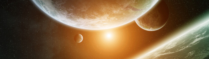 Panoramic view of planets in distant solar system 3D rendering elements of this image furnished by...