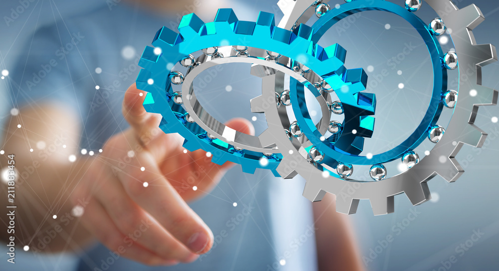 Poster businessman using floating modern gear mechanism 3d rendering
