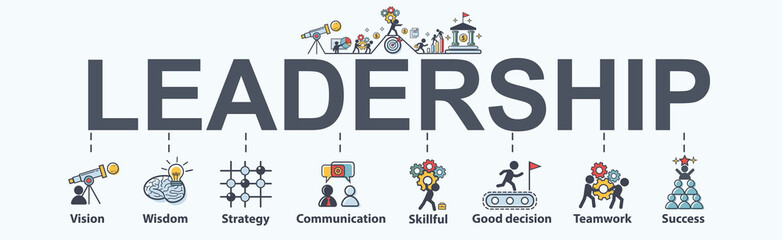 Leadership banner web icon for business, vision, wisdom, skillful, decision, teamwork and success. Minimal vector infographic.