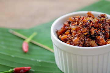 Thai chili paste on banana leaf background