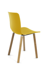 Yellow Plastic Modern Chair with Wood Legs Rear Right View