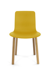 Yellow Plastic Modern Chair with Wood Legs Front View