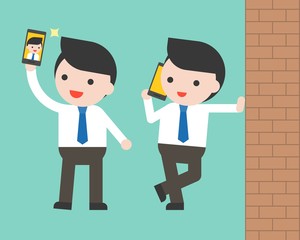 Businessman using cellphone selfie and wall flat design ready to use character