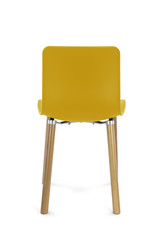 Yellow Plastic Modern Chair with Wood Legs Rear View