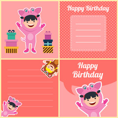 birthday card invitation with kids in pig costume
