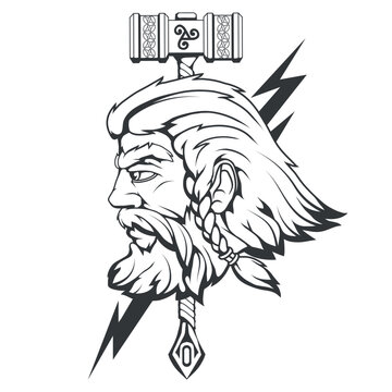 Scandinavian god of thunder and storm. Hand drawing of Thor's Head. The  hammer of Thor - mjolnir. Son of Odin. Cartoon bearded man character. Norse  mythology. Vector graphics to design Stock Vector |